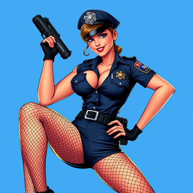 A sexy pin-up style police officer in a playful yet confident pose, featuring classic 16-bit video game graphics