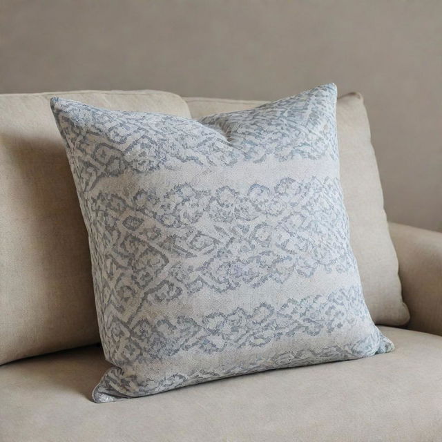 A single patterned pillow for a sofa, showcased in multiple positions.