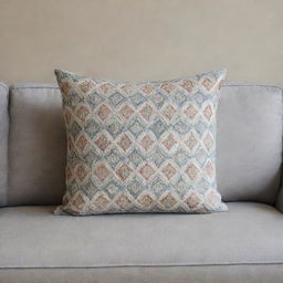 A single patterned pillow for a sofa, showcased in multiple positions.