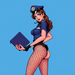 A 16-bit SNES style video game graphics illustration featuring a sexy pin-up police officer in an alluring pose