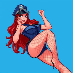 A 16-bit SNES style video game graphics illustration featuring a sexy pin-up police officer in an alluring pose