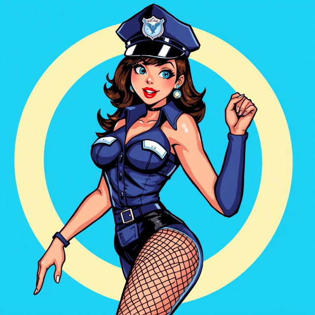 A 16-bit SNES style video game graphics illustration featuring a sexy pin-up police officer in an alluring pose