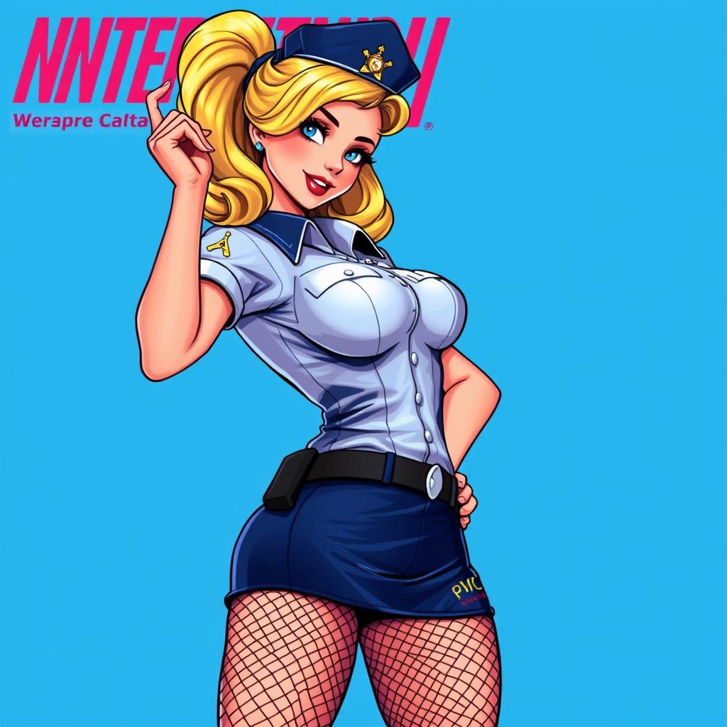 A 16-bit SNES style video game graphics illustration featuring a sexy pin-up police officer in an alluring pose