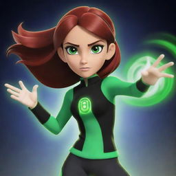 Generate an image of Gwen Tennyson from the animated series Ben 10, depicting her in her iconic outfit, casting a magical energy spell with a determined expression