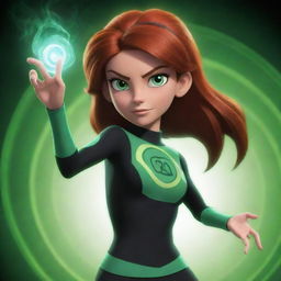 Generate an image of Gwen Tennyson from the animated series Ben 10, depicting her in her iconic outfit, casting a magical energy spell with a determined expression