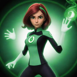 Generate an image of Gwen Tennyson from the animated series Ben 10, depicting her in her iconic outfit, casting a magical energy spell with a determined expression