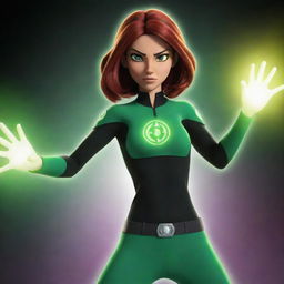 Generate an image of Gwen Tennyson from the animated series Ben 10, depicting her in her iconic outfit, casting a magical energy spell with a determined expression