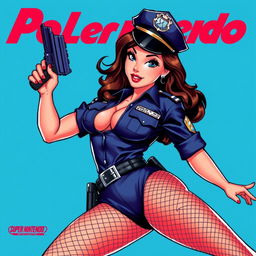 A sexy pin-up police officer in a dynamic and playful pose, adorned with fishnet stockings, capturing the retro charm of SNES graphics