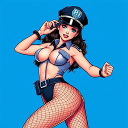 A sexy pin-up police officer in a dynamic and playful pose, adorned with fishnet stockings, capturing the retro charm of SNES graphics