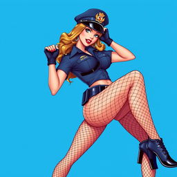 A sexy pin-up police officer in a dynamic and playful pose, adorned with fishnet stockings, capturing the retro charm of SNES graphics