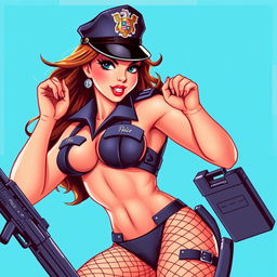 A sexy pin-up police officer in a dynamic and playful pose, adorned with fishnet stockings, capturing the retro charm of SNES graphics