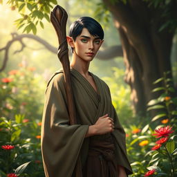 A high elf druid standing gracefully in a vibrant forest, showcasing a serene connection with nature
