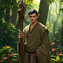 A high elf druid standing gracefully in a vibrant forest, showcasing a serene connection with nature