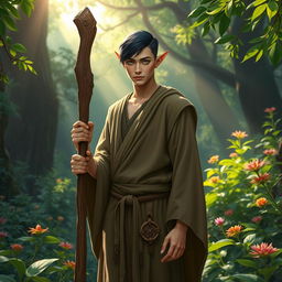 A high elf druid standing gracefully in a vibrant forest, showcasing a serene connection with nature