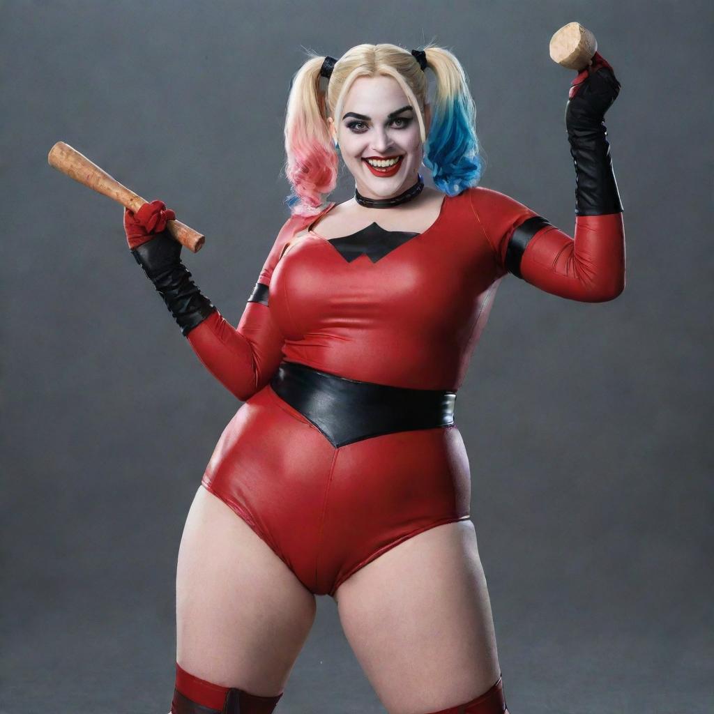 An image of Harley Quinn from the DC universe, with a body-positive, plumper appearance, rocking her iconic red and black outfit, swinging her signature mallet with an infectious grin