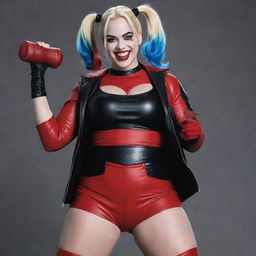 An image of Harley Quinn from the DC universe, with a body-positive, plumper appearance, rocking her iconic red and black outfit, swinging her signature mallet with an infectious grin