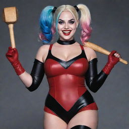 An image of Harley Quinn from the DC universe, with a body-positive, plumper appearance, rocking her iconic red and black outfit, swinging her signature mallet with an infectious grin