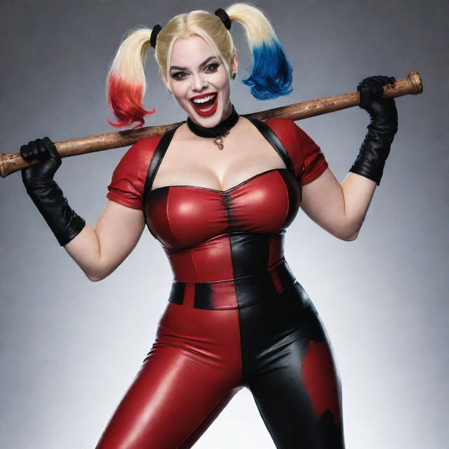 An image of Harley Quinn from the DC universe, with a body-positive, plumper appearance, rocking her iconic red and black outfit, swinging her signature mallet with an infectious grin