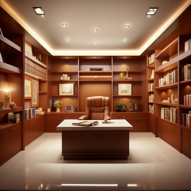 Create a simple yet classy 15ft by 15ft boss office, designed as per Vastu principles. Should feature a large desk, executive chair, and neatly arranged bookshelves in an elegantly lit environment.