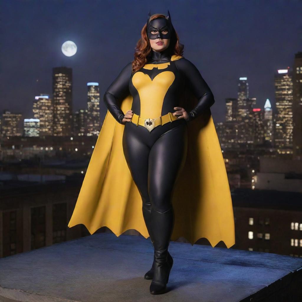 Create a body-positive image of Batgirl from the DC Universe, featuring her in her distinct costume, proudly showcasing an empowering plus-size figure while standing atop a Gotham City rooftop at night