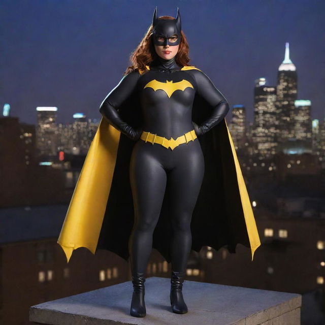 Create a body-positive image of Batgirl from the DC Universe, featuring her in her distinct costume, proudly showcasing an empowering plus-size figure while standing atop a Gotham City rooftop at night