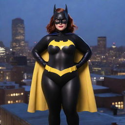 Create a body-positive image of Batgirl from the DC Universe, featuring her in her distinct costume, proudly showcasing an empowering plus-size figure while standing atop a Gotham City rooftop at night