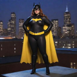 Create a body-positive image of Batgirl from the DC Universe, featuring her in her distinct costume, proudly showcasing an empowering plus-size figure while standing atop a Gotham City rooftop at night