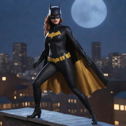 Create an image of Batgirl from the DC Universe, featuring her in her iconic costume, striking a dynamic pose on a rooftop overlooking Gotham City under the moonlight