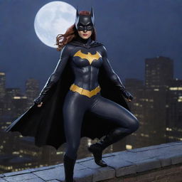 Create an image of Batgirl from the DC Universe, featuring her in her iconic costume, striking a dynamic pose on a rooftop overlooking Gotham City under the moonlight