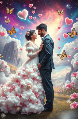 A surreal representation of a hypothetical marriage, featuring a whimsical and dreamy setting