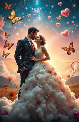 A surreal representation of a hypothetical marriage, featuring a whimsical and dreamy setting
