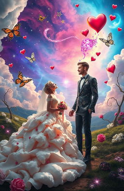 A surreal representation of a hypothetical marriage, featuring a whimsical and dreamy setting
