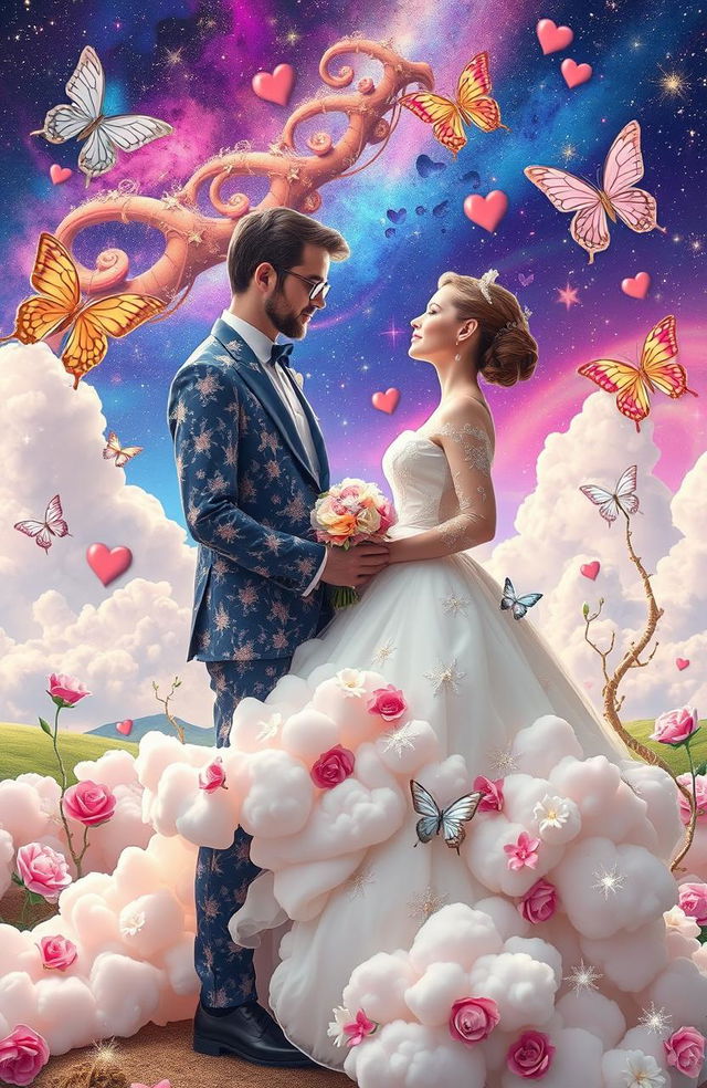 A surreal representation of a hypothetical marriage, featuring a whimsical and dreamy setting