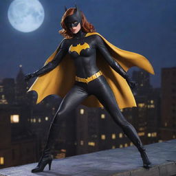 Create an image of Batgirl from the DC Universe, featuring her in her iconic costume, striking a dynamic pose on a rooftop overlooking Gotham City under the moonlight