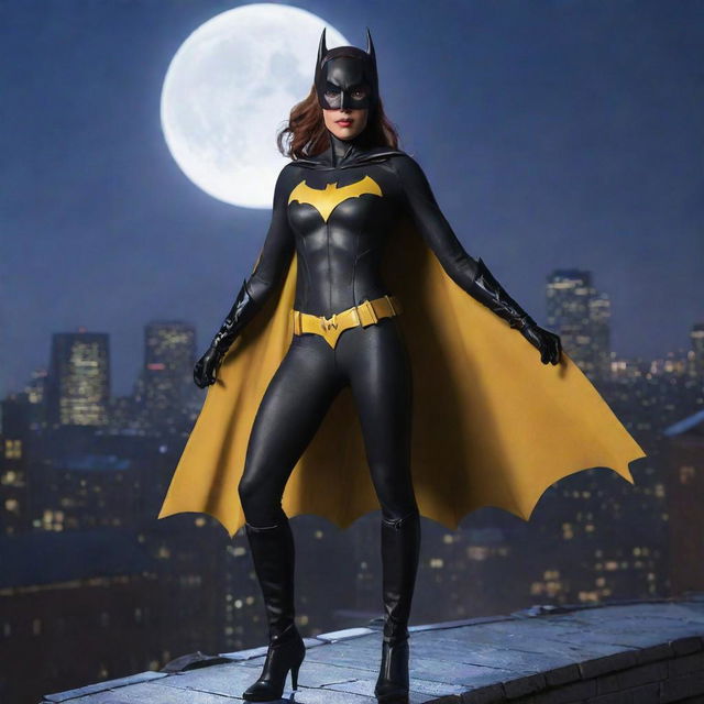 Create an image of Batgirl from the DC Universe, featuring her in her iconic costume, striking a dynamic pose on a rooftop overlooking Gotham City under the moonlight