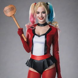 Generate an image of Harley Quinn from the DC Universe, wearing her traditional red and black costume, holding her signature mallet with a mischievous grin on her face