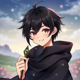 A charming depiction of a 16-year-old handsome anime boy with striking black hair and glowing red eyes