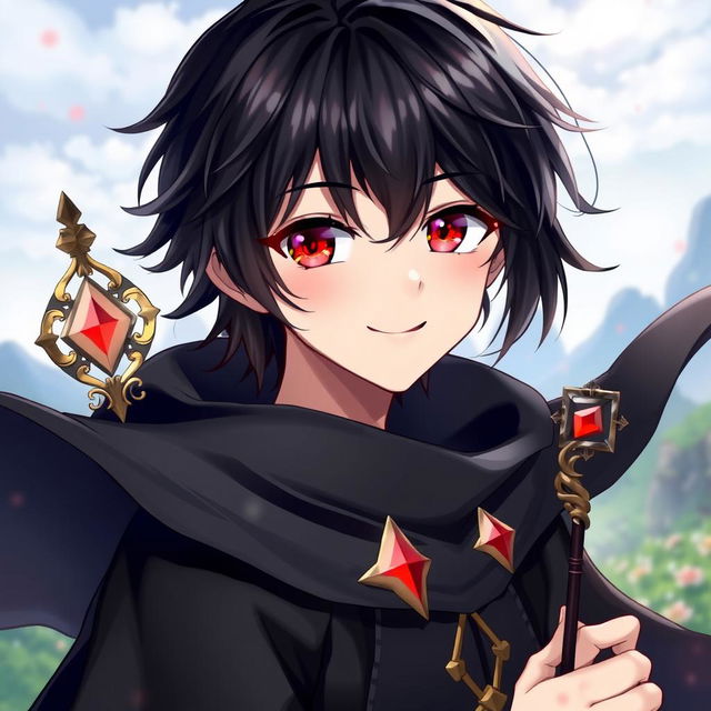 A charming depiction of a 16-year-old handsome anime boy with striking black hair and glowing red eyes