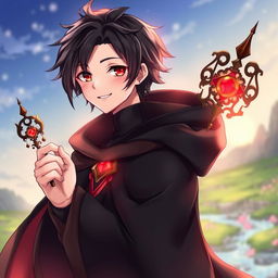 A charming depiction of a 16-year-old handsome anime boy with striking black hair and glowing red eyes
