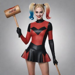 Generate an image of Harley Quinn from the DC Universe, wearing her traditional red and black costume, holding her signature mallet with a mischievous grin on her face