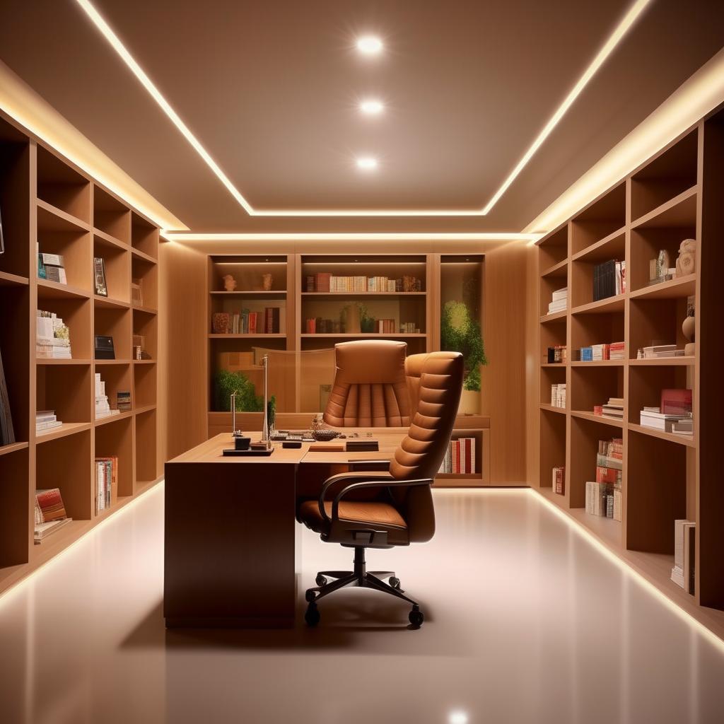 Create a simple yet classy 15ft by 15ft boss office, designed as per Vastu principles. Should feature a large desk, executive chair, and neatly arranged bookshelves in an elegantly lit environment.