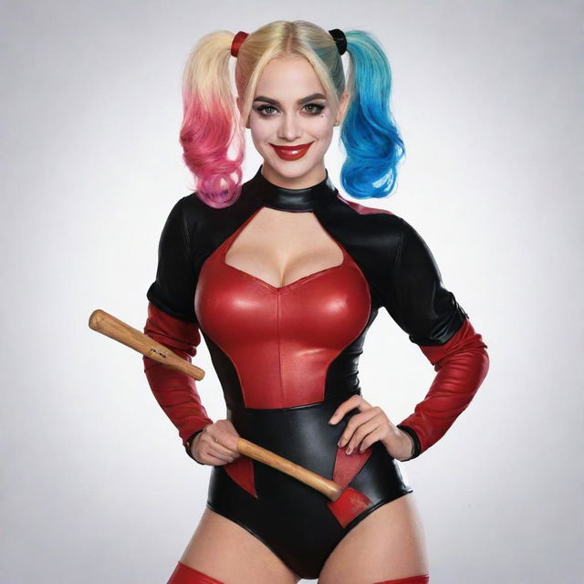 Generate an image of Harley Quinn from the DC Universe, wearing her traditional red and black costume, holding her signature mallet with a mischievous grin on her face