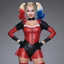 Generate an image of Harley Quinn from the DC Universe, wearing her traditional red and black costume, holding her signature mallet with a mischievous grin on her face