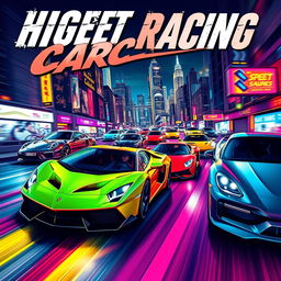 A vibrant and eye-catching poster design illustrating a high-stakes street racing cartel featuring an array of sleek, colorful sports cars such as Lamborghinis, Ferraris, and Porsches speeding through a neon-lit urban environment at night