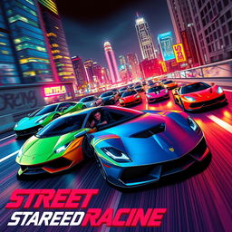 A vibrant and eye-catching poster design illustrating a high-stakes street racing cartel featuring an array of sleek, colorful sports cars such as Lamborghinis, Ferraris, and Porsches speeding through a neon-lit urban environment at night