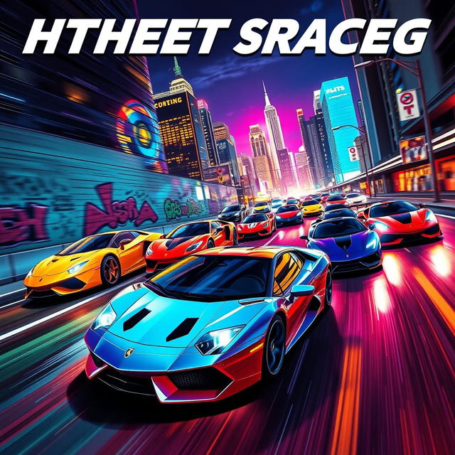 A vibrant and eye-catching poster design illustrating a high-stakes street racing cartel featuring an array of sleek, colorful sports cars such as Lamborghinis, Ferraris, and Porsches speeding through a neon-lit urban environment at night