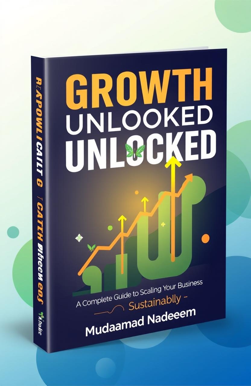 A visually striking book cover design for 'Growth Unlocked: A Complete Guide to Scaling Your Business Sustainably', featuring a vibrant and modern aesthetic