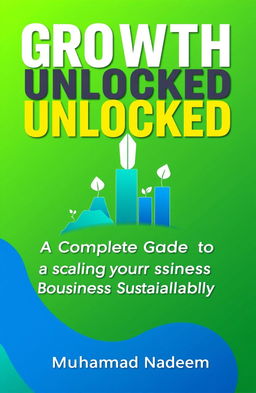 A visually striking book cover design for 'Growth Unlocked: A Complete Guide to Scaling Your Business Sustainably', featuring a vibrant and modern aesthetic