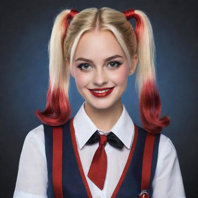 Generate an image of Harley Quinn from the DC Universe in a creative rendition, where she is wearing a traditional school uniform with her classic mischievous smile