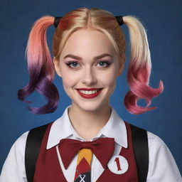 Generate an image of Harley Quinn from the DC Universe in a creative rendition, where she is wearing a traditional school uniform with her classic mischievous smile